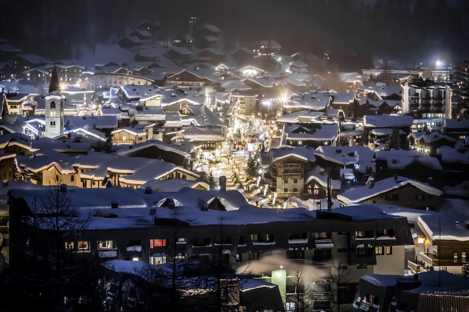 Village of Val d'IsÃ¨re by Night in the Snow
